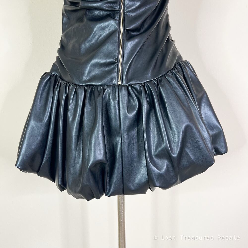 AKIRA | Black Faux Leather Bubble Hem Fitted Drop Waist Strapless Mini Dress XL - Picture 8 of 11